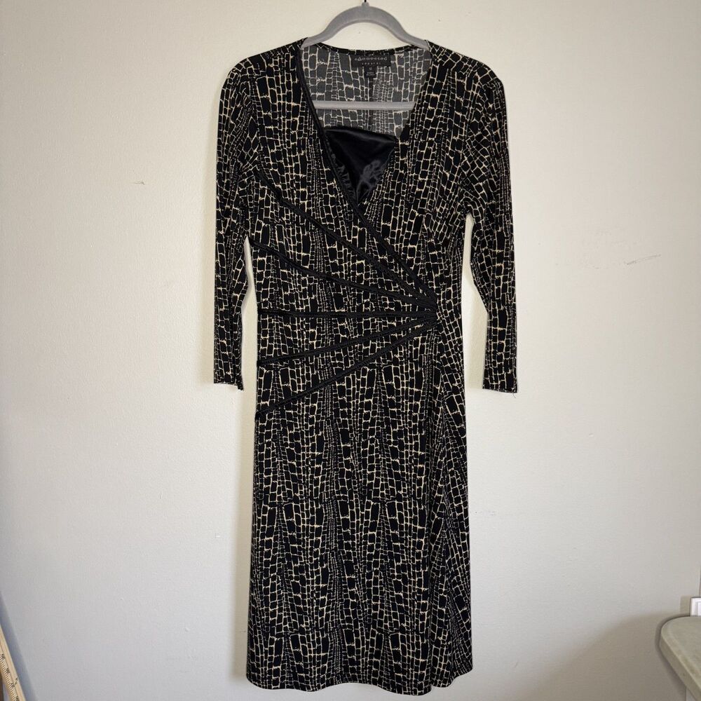 Vintage 90s Womens 12 Connected Apparel Dress Faux Wrap A-line Dress 3/4 Sleeves